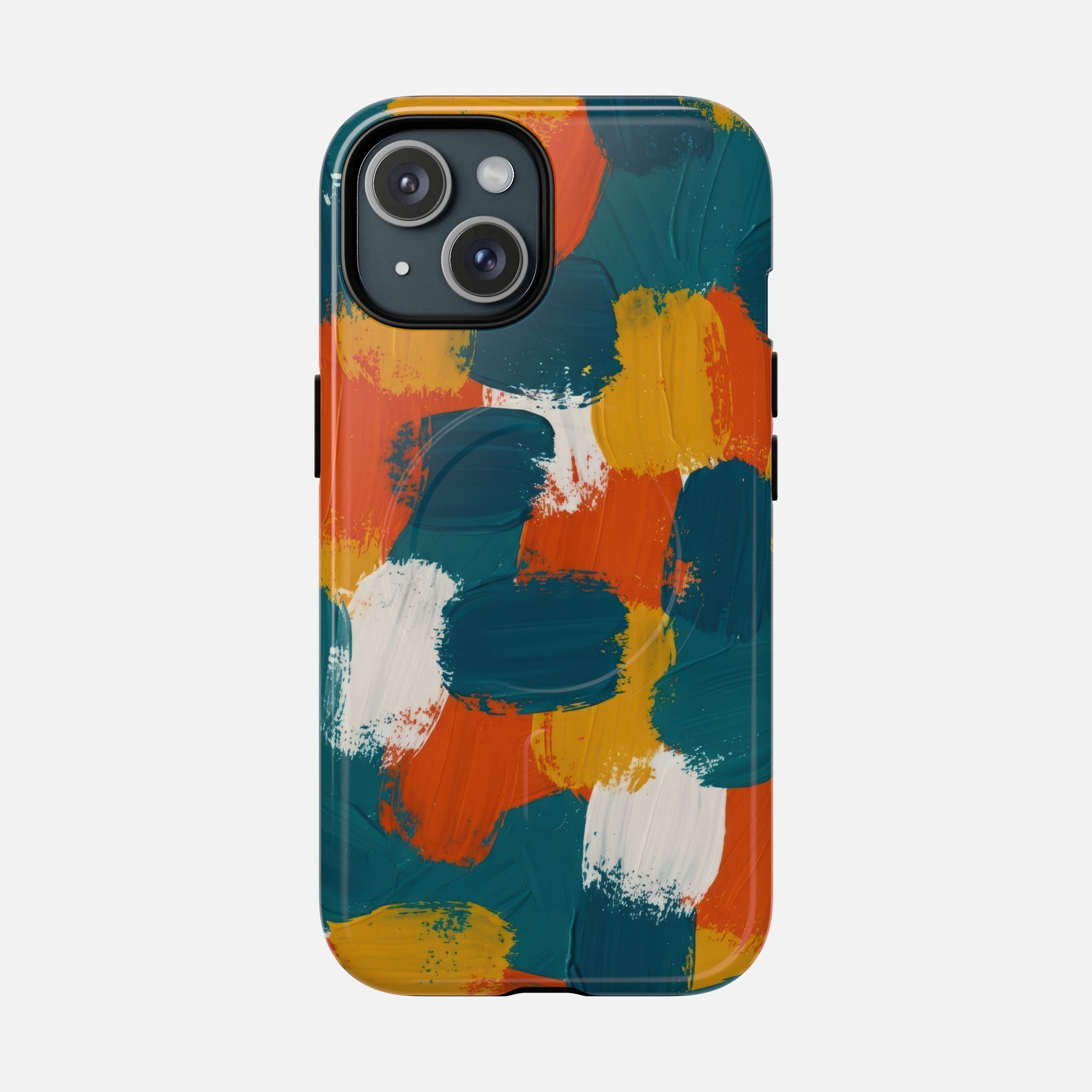 Abstract Brushstroke Tough Magnetic Phone Case — Colorful Teal, Orange & Mustard Protection iPhone 15 Glossy Phone Case