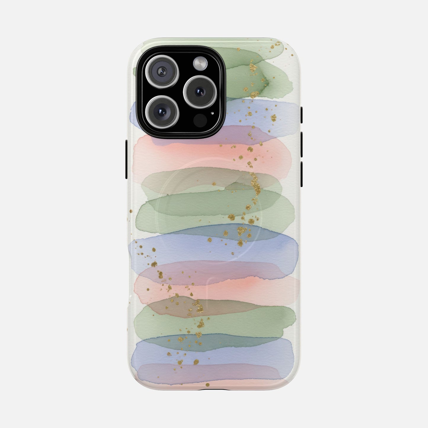 Pastel watercolor phone case with gold glitter, soft green pink blue stripes, modern design for iPhone