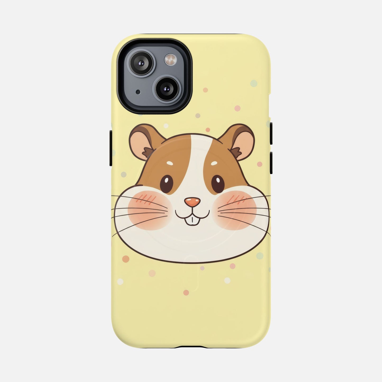 Cute hamster face phone case with pastel polka dots, perfect for iPhone protection and style