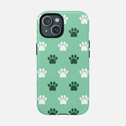 Mint green phone case with white and dark green paw print pattern, stylish pet-themed design for iPhone