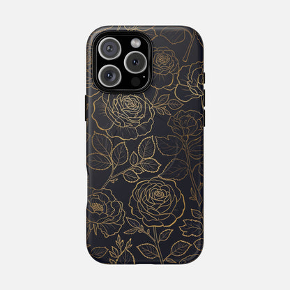 Floral Gold Outline Tough Magnetic Case — Elegant Black Rose Phone Cover iPhone 16 Pro Max Matte Phone Case