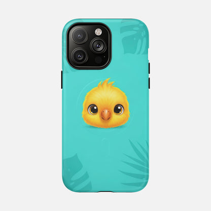Cute yellow chick phone case with tropical leaf design on teal background, perfect for iPhone 14 Pro