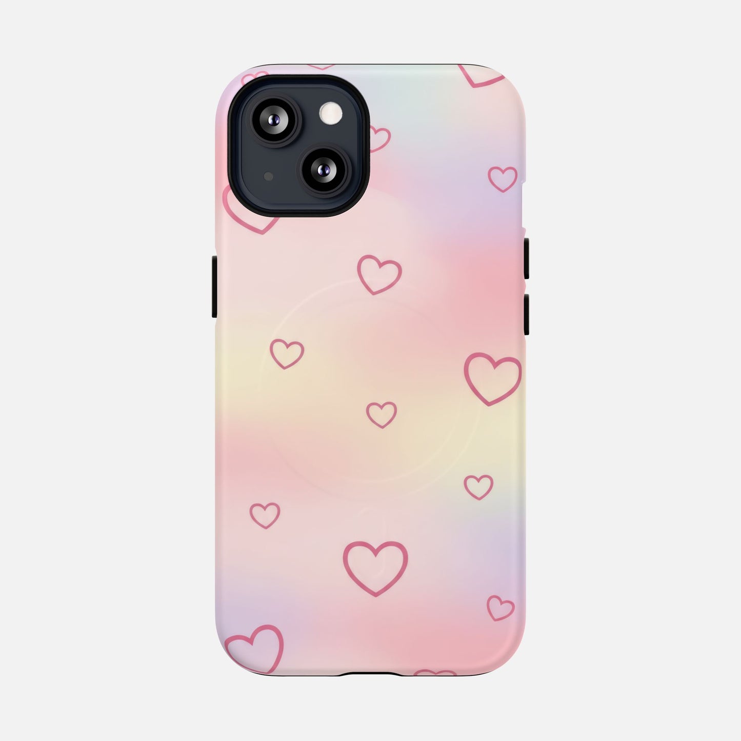 Pastel gradient phone case with pink heart pattern, modern design for iPhone protection