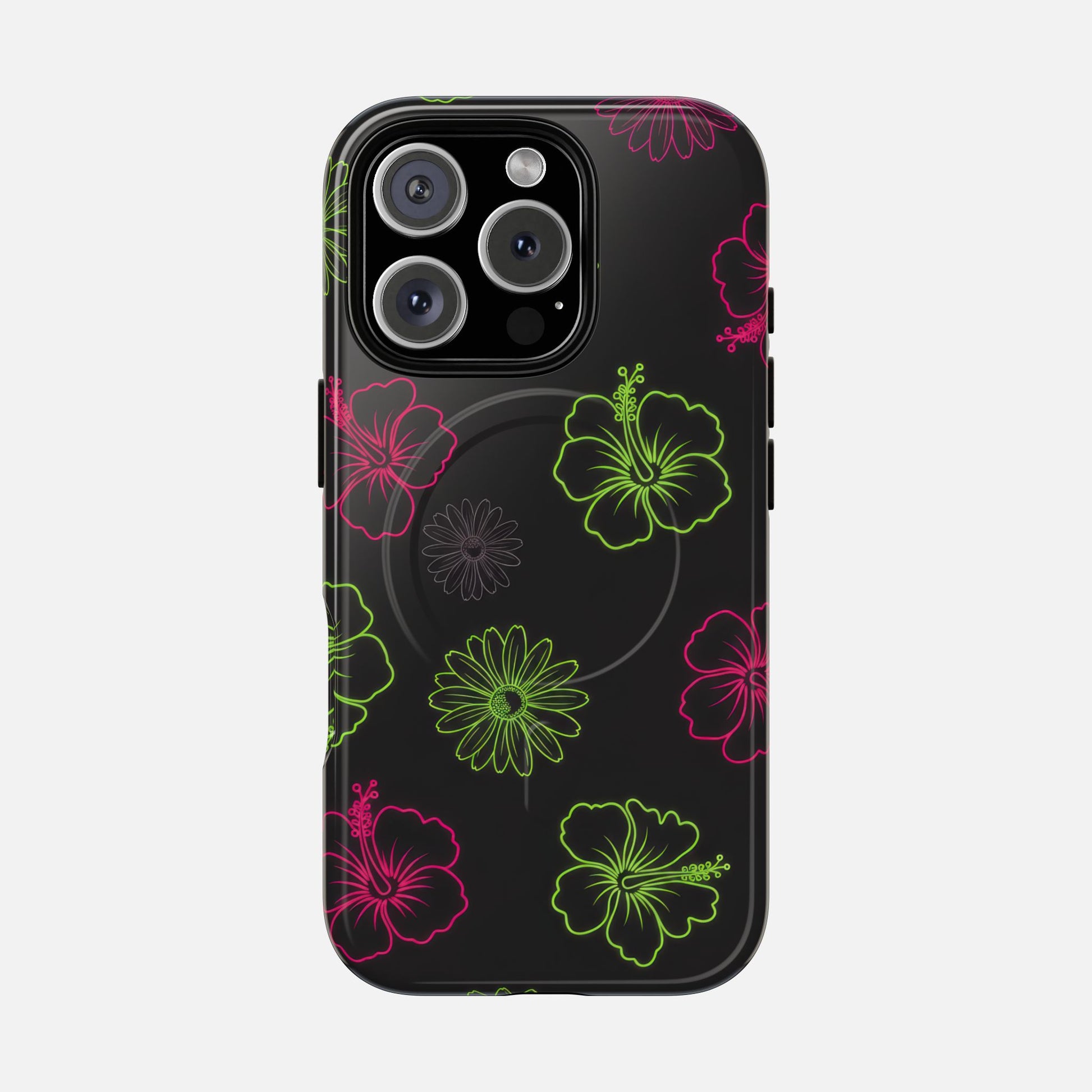 Neon Hibiscus Tough Magnetic Phone Case — Tropical Floral Protective Cover iPhone 16 Pro Glossy Phone Case