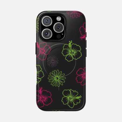 Neon Hibiscus Tough Magnetic Phone Case — Tropical Floral Protective Cover iPhone 16 Pro Glossy Phone Case