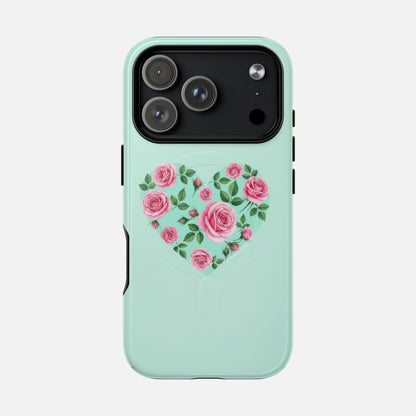 Floral Heart & Mint Rose iPhone Case — Tough Magnetic | MagSafe Compatible
