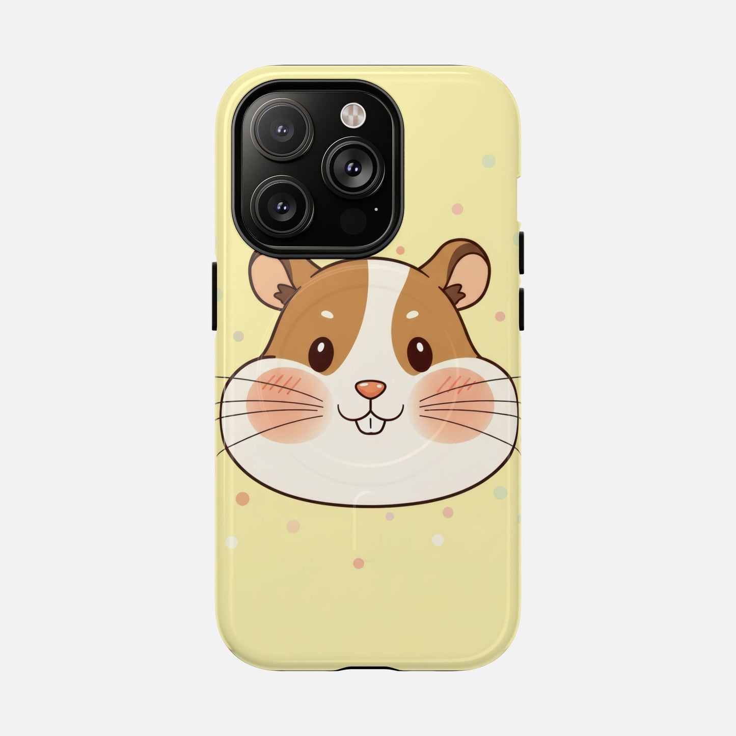 Cute hamster face phone case with pastel polka dots, perfect for iPhone protection and style