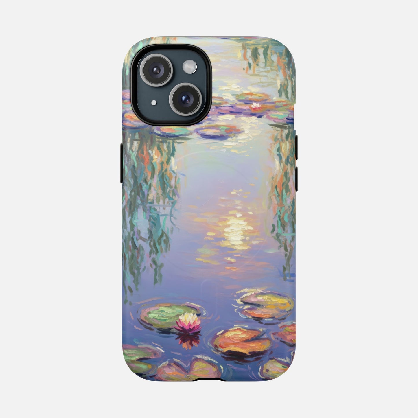 Phone case with Monet-style water lily pond painting, artistic design for iPhone