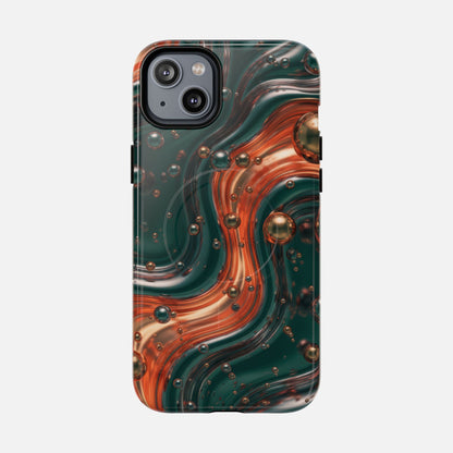 Magnetic Phone Case — Emerald & Copper Liquid Swirl Protective Cover iPhone 14 Plus Glossy Phone Case