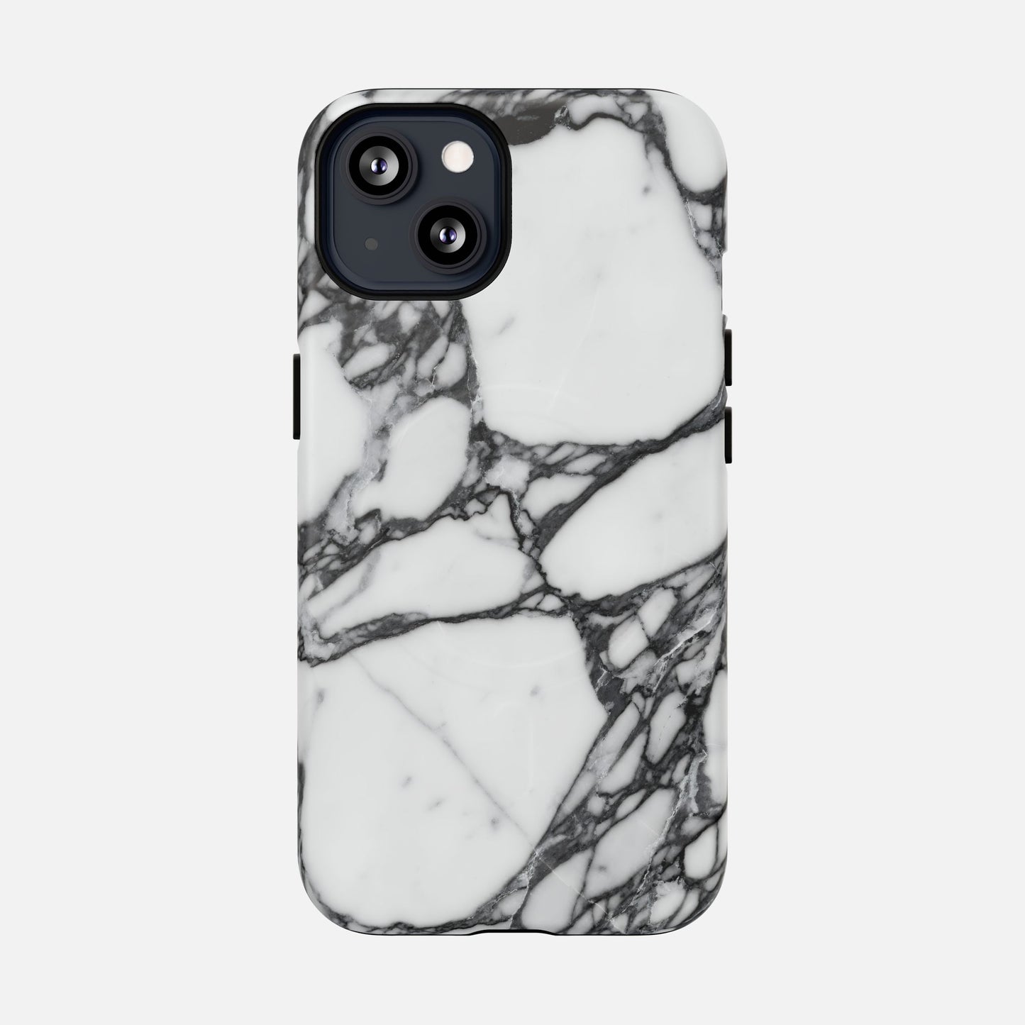 White marble pattern phone case with black veining on a smartphone, minimal modern design