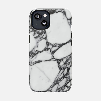 White marble pattern phone case with black veining on a smartphone, minimal modern design