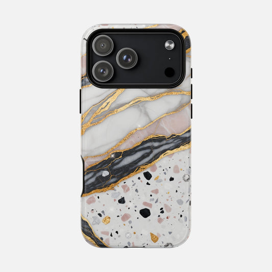 Marble design phone case with gold, black, and pink accents, terrazzo pattern base