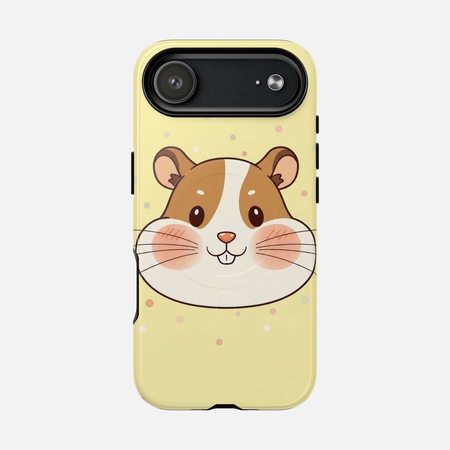 Cute hamster face phone case with pastel polka dots, protective design for iPhone