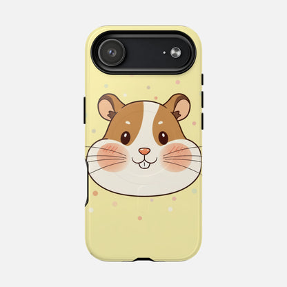 Cute hamster face phone case with pastel polka dots, protective design for iPhone