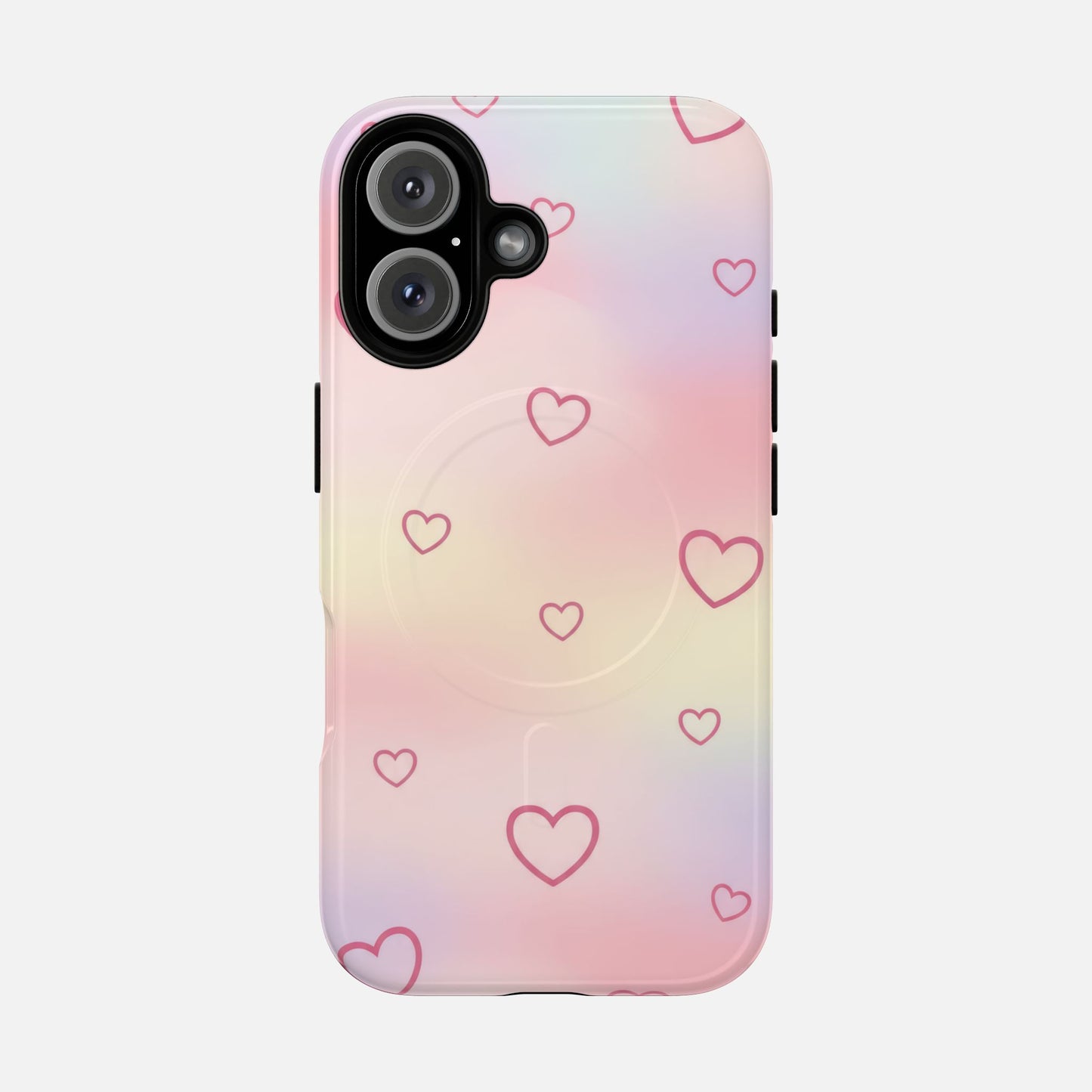 Pastel gradient phone case with pink heart outlines and pop socket, stylish protective cover for iPhone