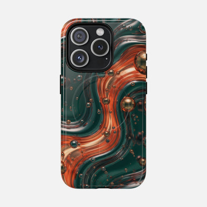 Magnetic Phone Case — Emerald & Copper Liquid Swirl Protective Cover iPhone 15 Pro Glossy Phone Case