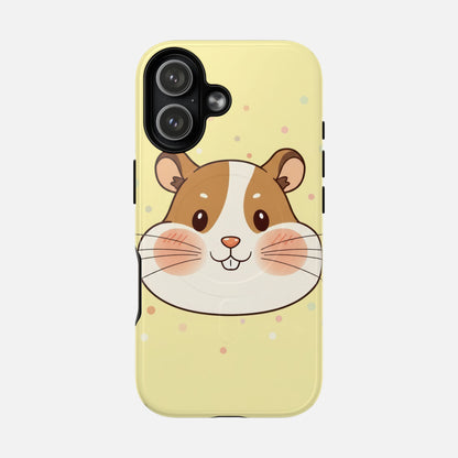 Cute hamster face phone case with pastel yellow background and polka dots, perfect for animal lovers
