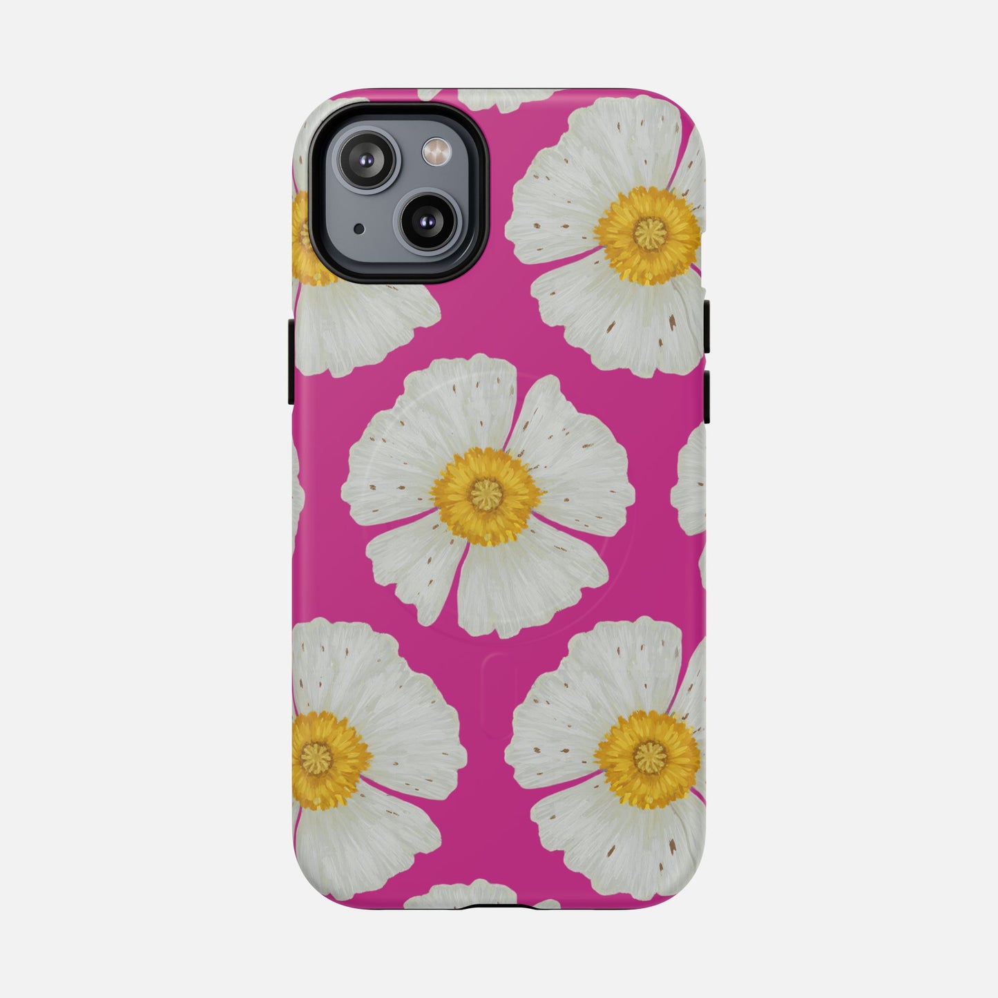 Vibrant pink phone case with white daisy flowers and yellow centers, stylish floral design for iPhone.