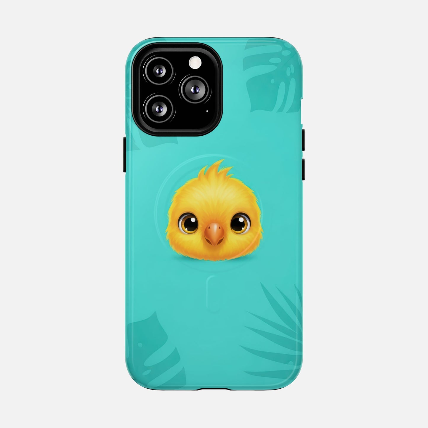 Cute yellow chick phone case with tropical leaves on teal background, creative design for iPhone