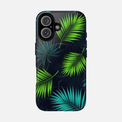 Tropical Palm Tough Magnetic Phone Case — Protective Magnetic iPhone Cover with Green Leaf Design iPhone 16 Glossy Phone Case