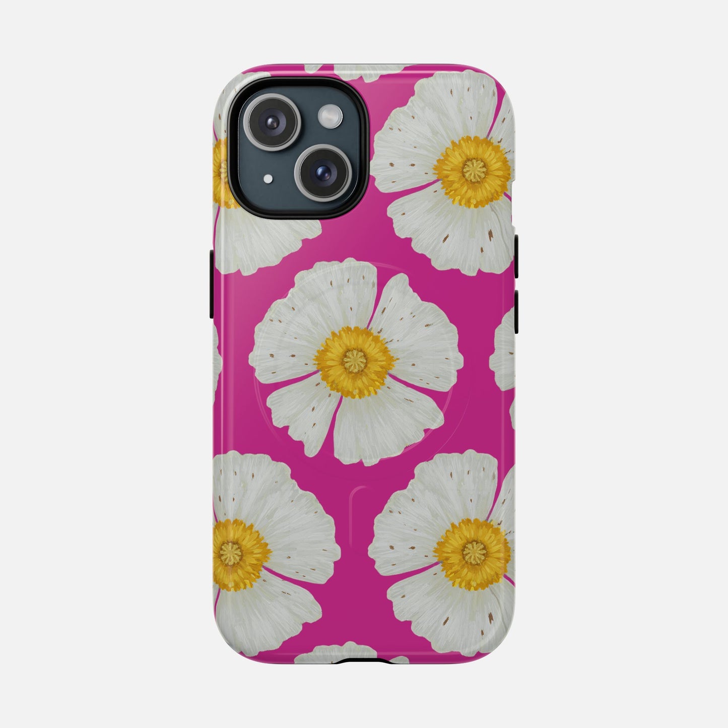 Vibrant pink phone case with white daisy flowers and yellow centers, stylish floral design for iPhone