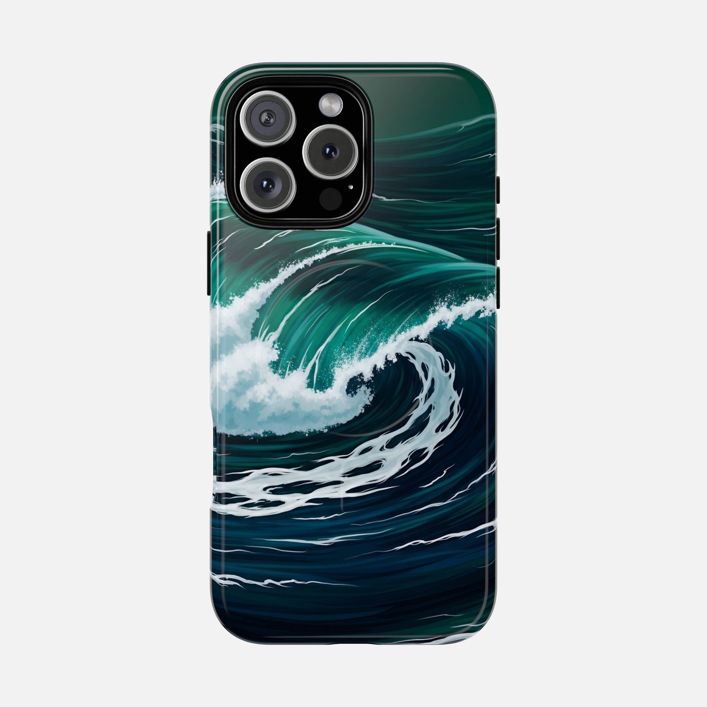 Ocean wave phone case with vibrant teal and white surf design for iPhone