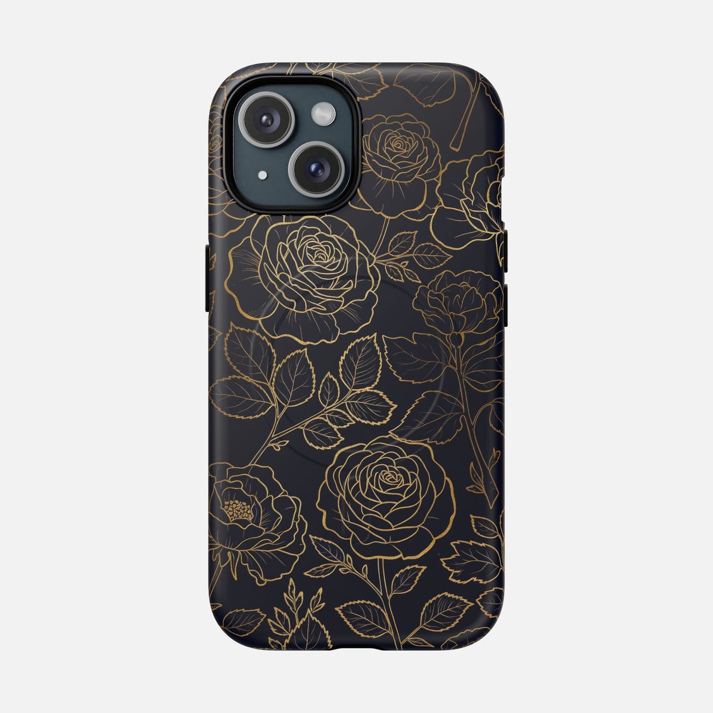 Floral Gold Outline Tough Magnetic Case — Elegant Black Rose Phone Cover iPhone 15 Matte Phone Case