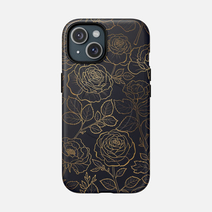 Floral Gold Outline Tough Magnetic Case — Elegant Black Rose Phone Cover iPhone 15 Matte Phone Case