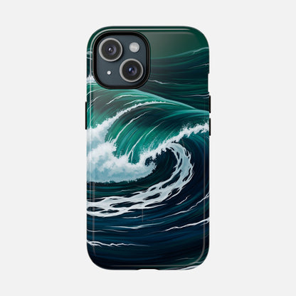 Ocean wave phone case with teal and navy blue surf design, modern printed artwork for iPhone