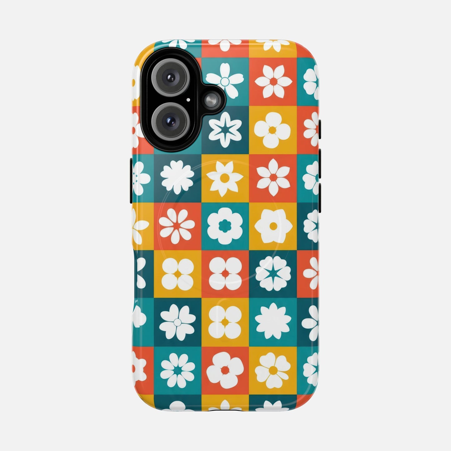 Floral Checkerboard Retro Color Block iPhone Case — Tough Magnetic | MagSafe Compatible
