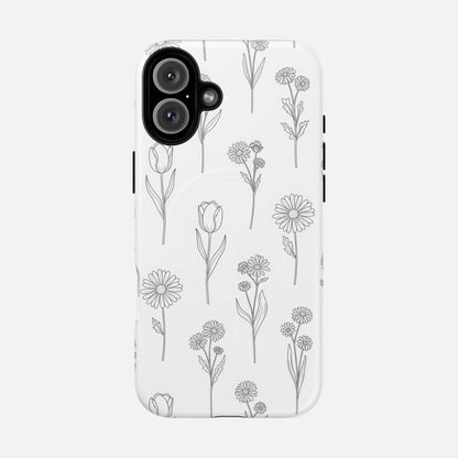 Floral Sketch Tough Magnetic Phone Case — Minimal Black Line Flower Design iPhone 16 Plus Matte Phone Case