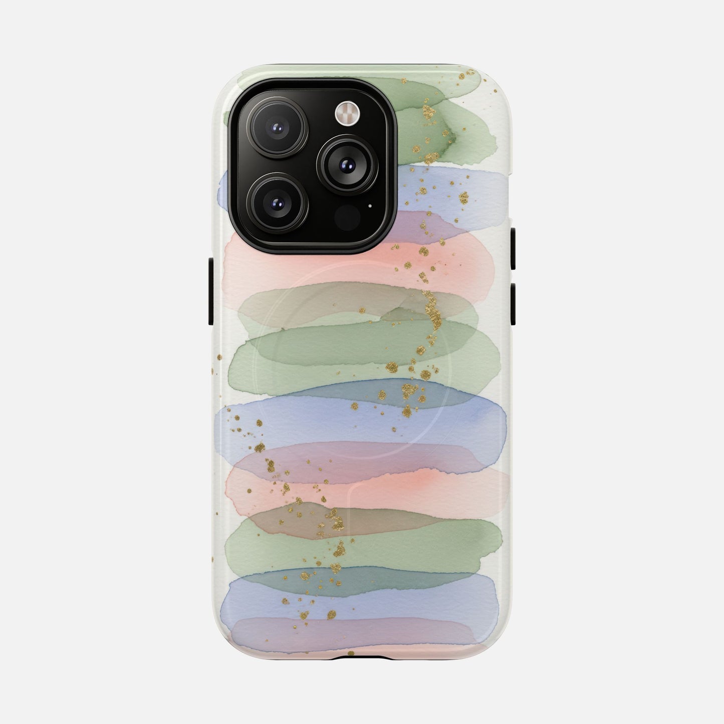 Pastel watercolor phone case with gold glitter, soft green, blue, pink stripes for iPhone