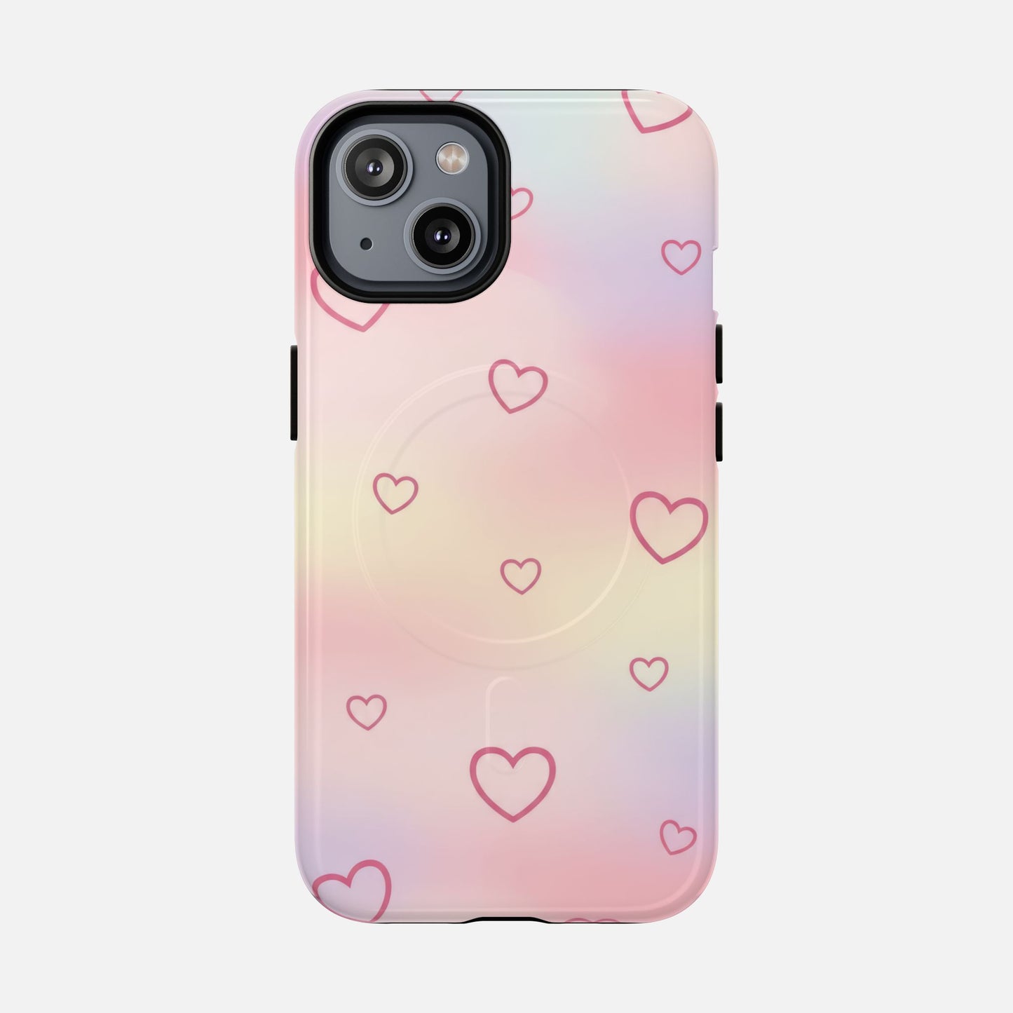 Pink gradient phone case with heart pattern and pop socket, stylish protection for iPhone