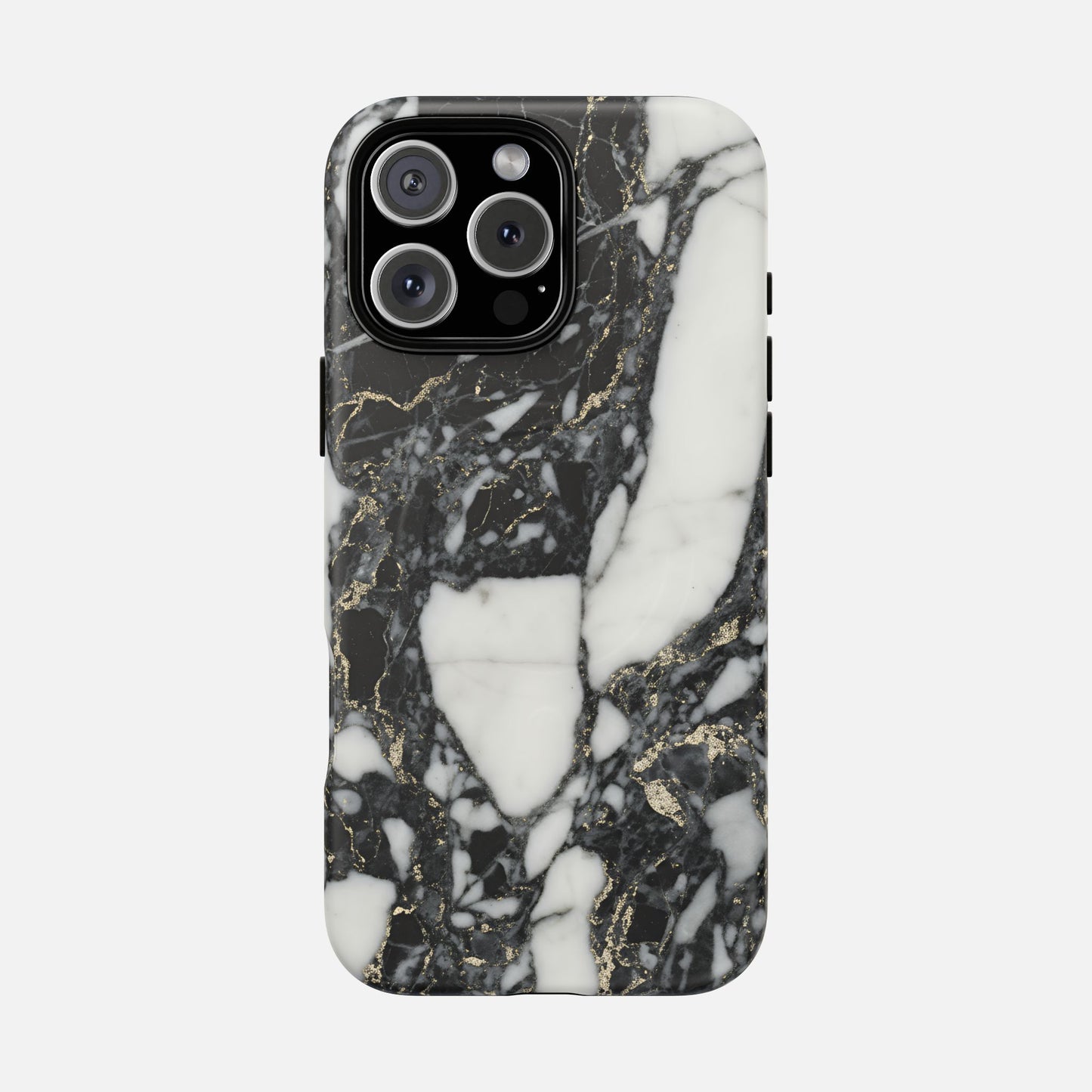 Black and white marble pattern phone case with gold accents on a smartphone