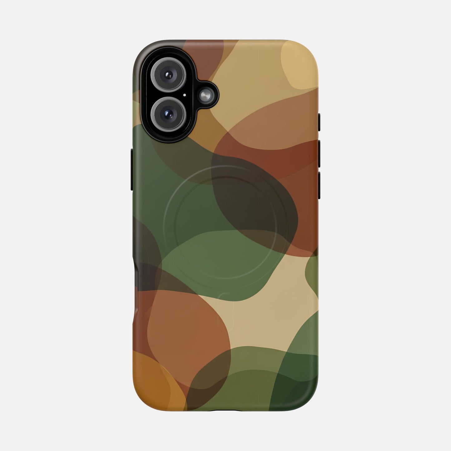 Camouflage phone case with green, brown, and tan pattern for iPhone