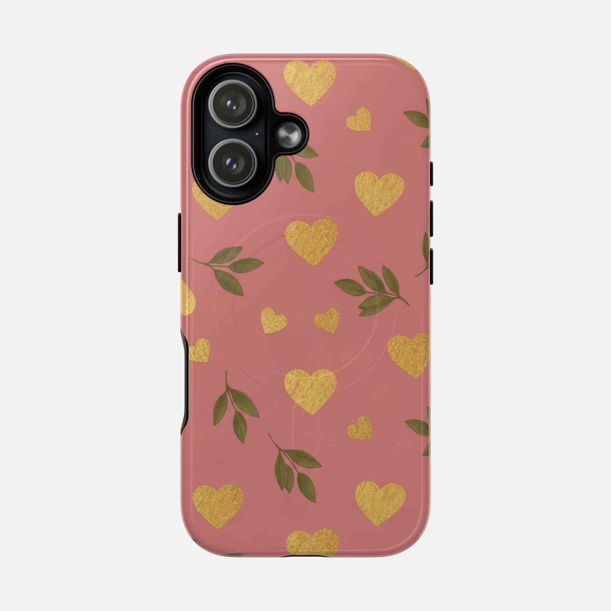 Pink phone case with gold glitter hearts and green leaves, stylish protective cover for iPhone