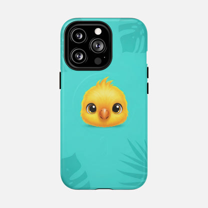 Cute yellow chick phone case with tropical leaves on teal background, creative design for iPhone