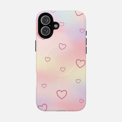 Pastel gradient phone case with pink heart pattern and pop socket, stylish protection for iPhone