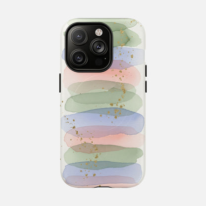 Pastel watercolor phone case with gold glitter accents, modern abstract design for iPhone