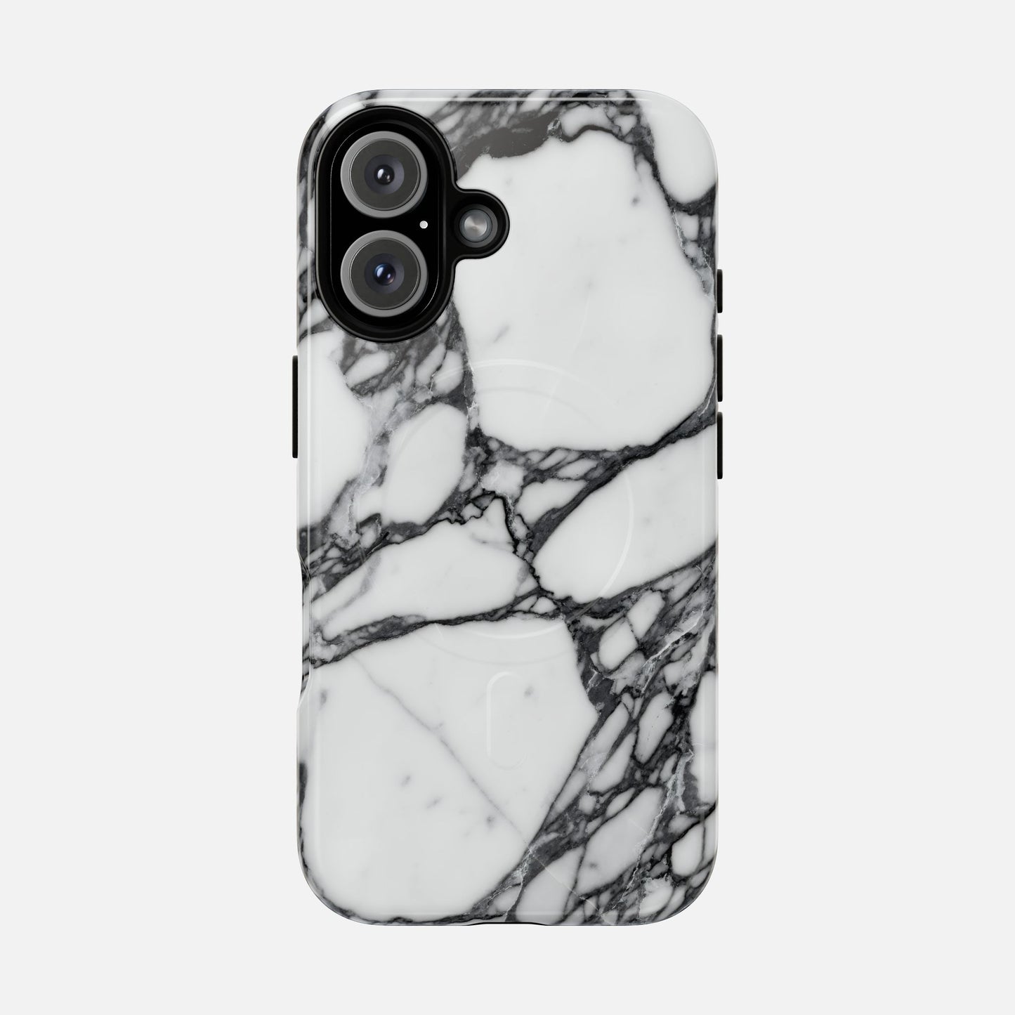 Black and white marble iPhone case with glossy finish and modern minimalist design