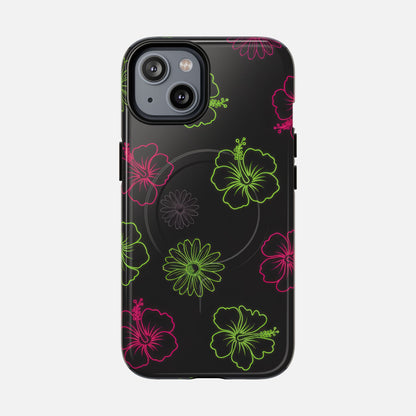 Neon Hibiscus Tough Magnetic Phone Case — Tropical Floral Protective Cover iPhone 14 Glossy Phone Case