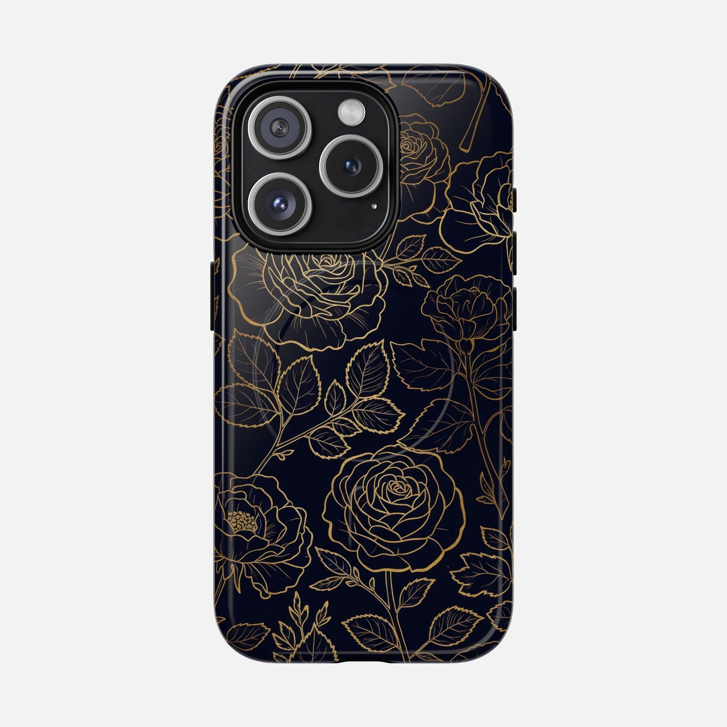 Floral Gold Outline Tough Magnetic Case — Elegant Black Rose Phone Cover iPhone 15 Pro Glossy Phone Case