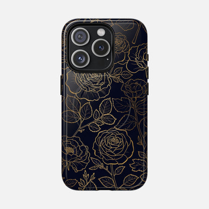 Floral Gold Outline Tough Magnetic Case — Elegant Black Rose Phone Cover iPhone 15 Pro Glossy Phone Case