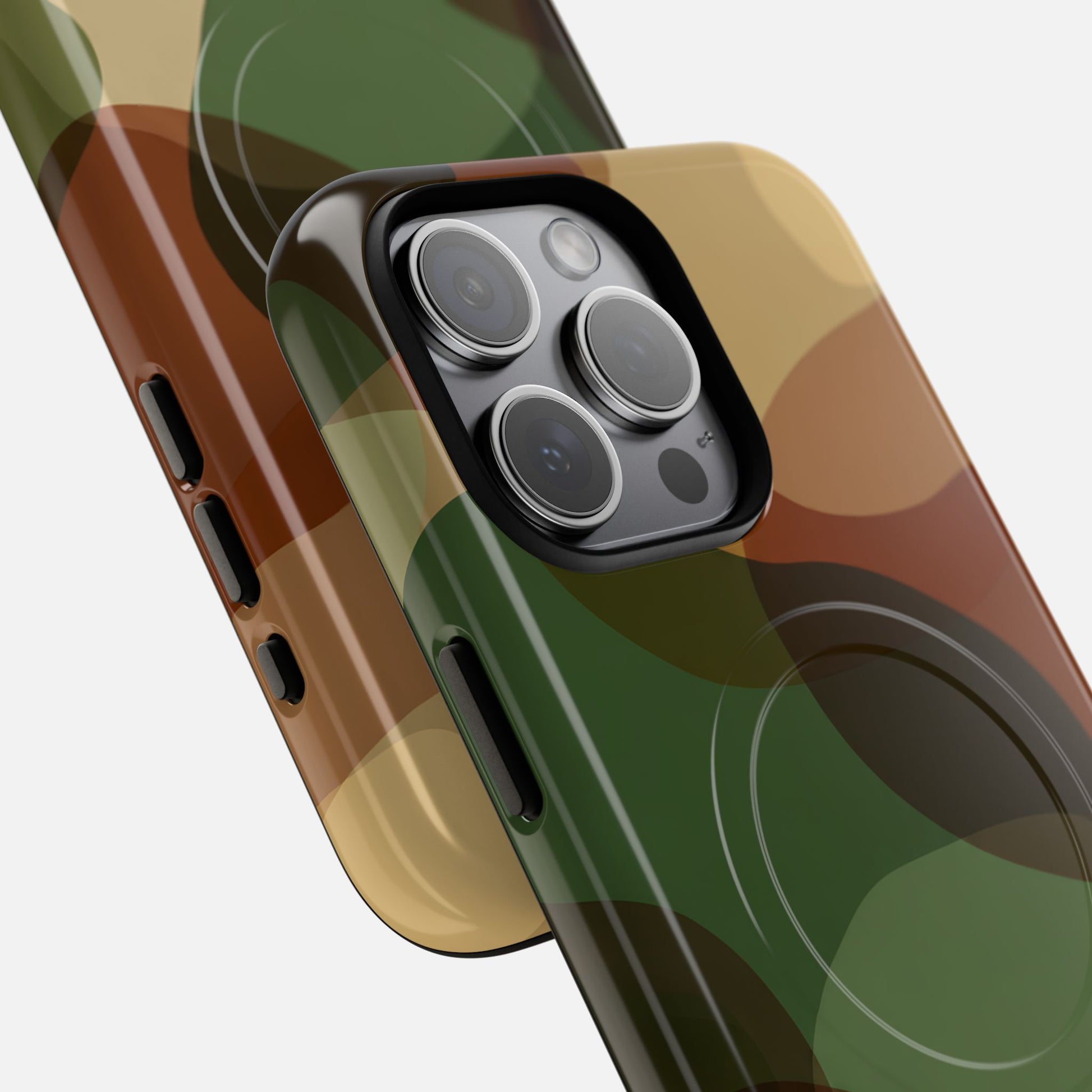 Abstract green brown camo phone case with modern print, fits iPhone Pro camera