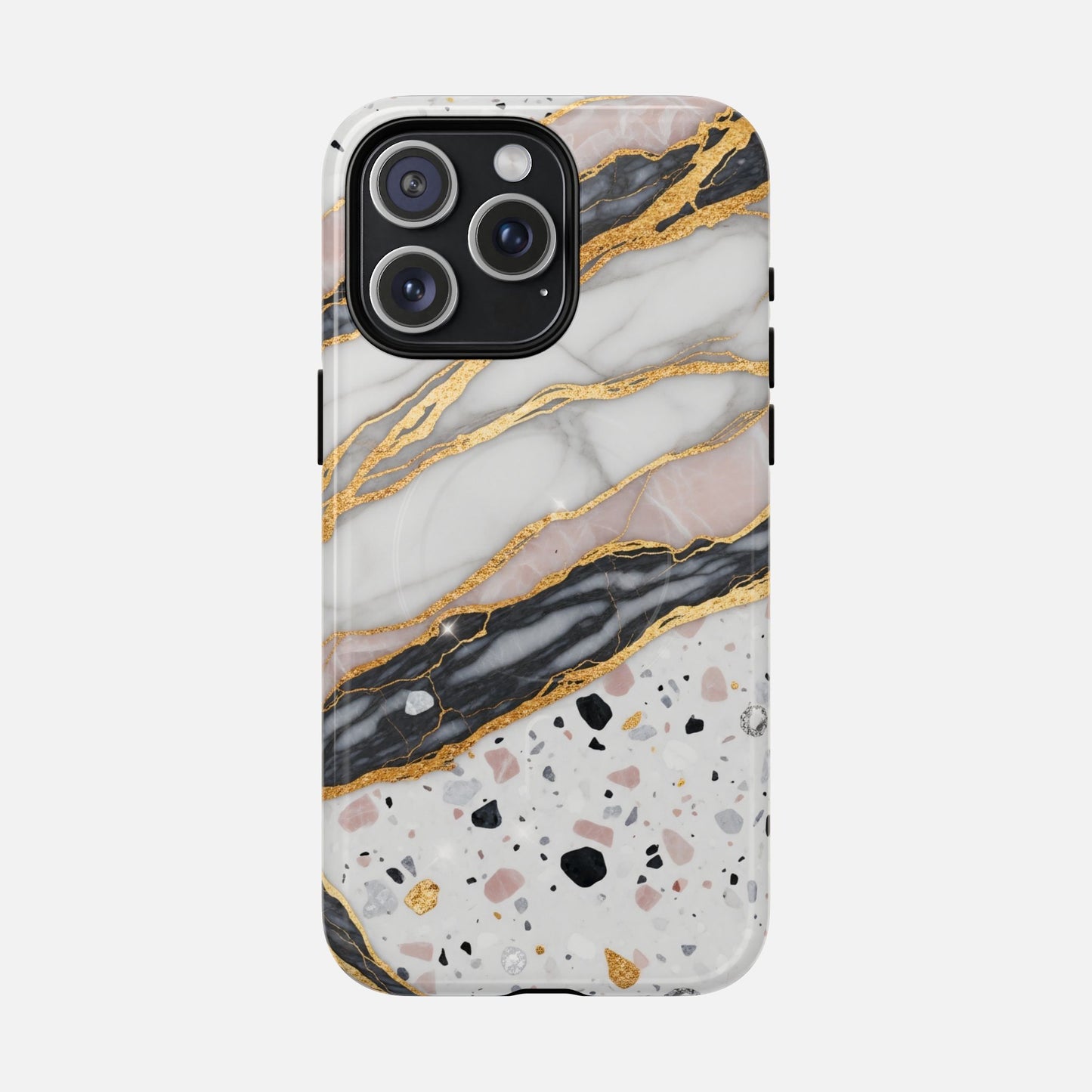 Marble and terrazzo phone case with gold accents, stylish protective cover for iPhone