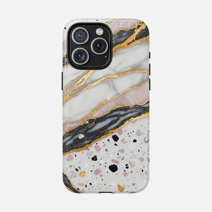 Marble and terrazzo phone case with gold accents, stylish protective cover for iPhone