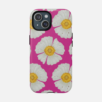 Pink phone case with white flowers and yellow centers, floral design for iPhone
