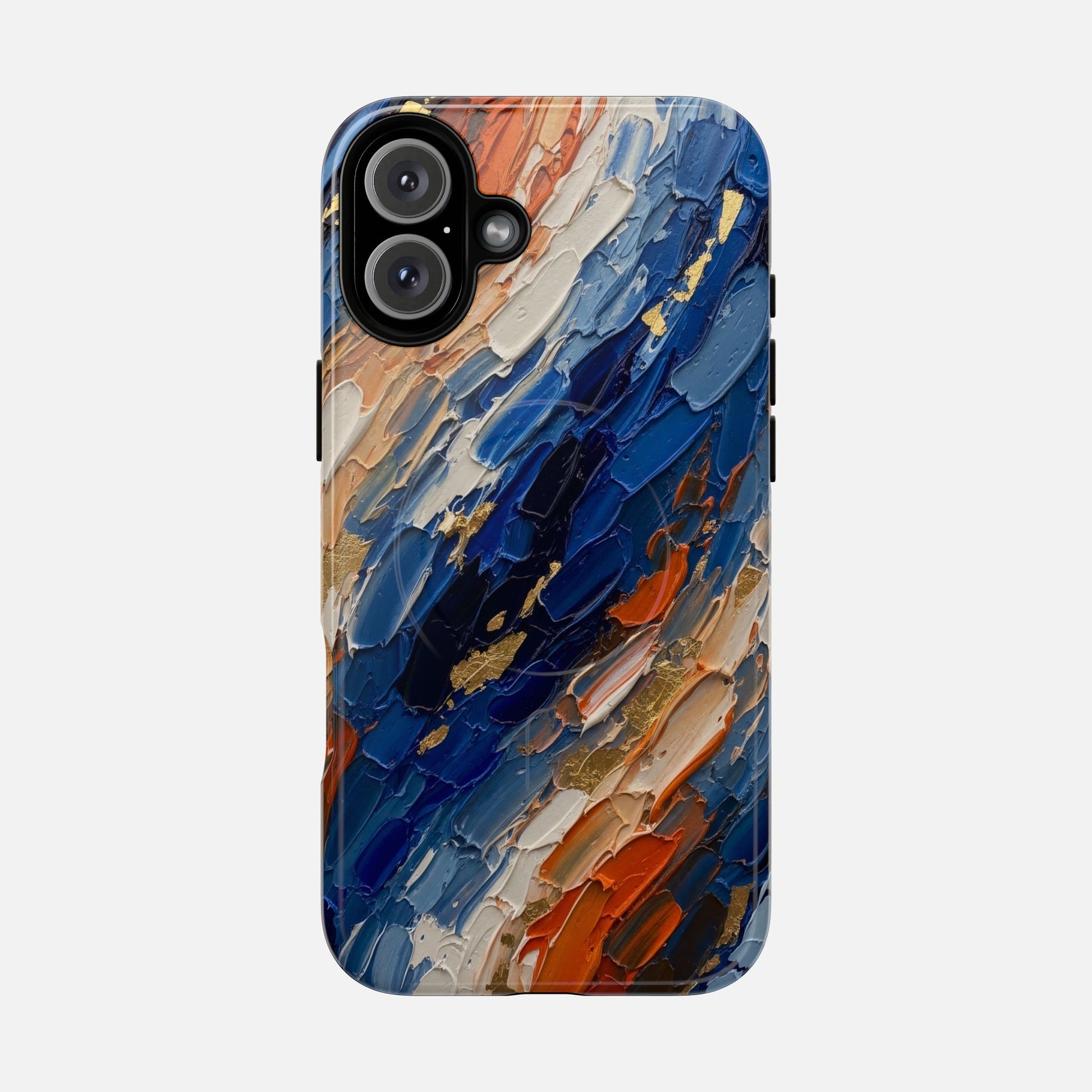 Magnetic Phone Case — Abstract Blue & Orange Paint Texture iPhone 16 Plus Glossy Phone Case