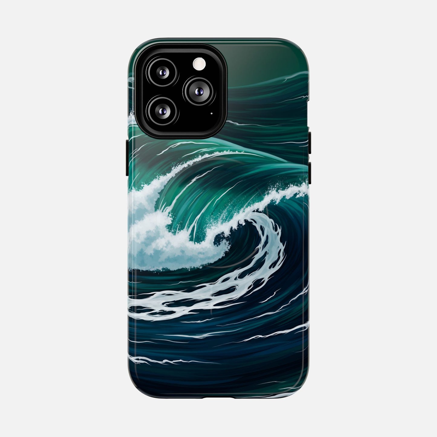Ocean wave phone case with teal and navy design, featuring crashing surf and modern print for iPhone