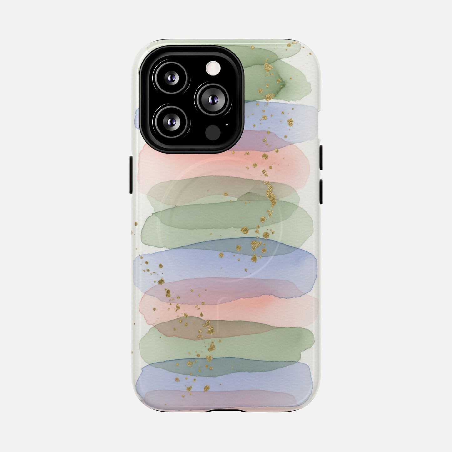 Pastel watercolor phone case with gold speckles, modern design for iPhone protection